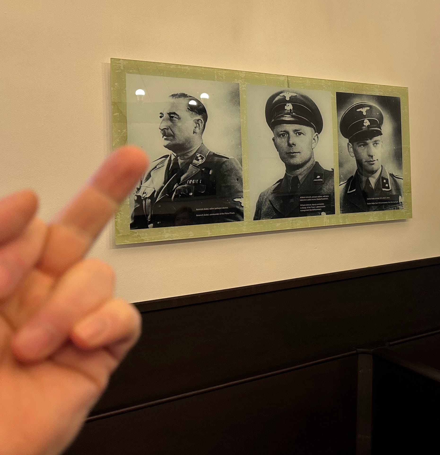 A single-fingered gesture in front of three Nazis portraits