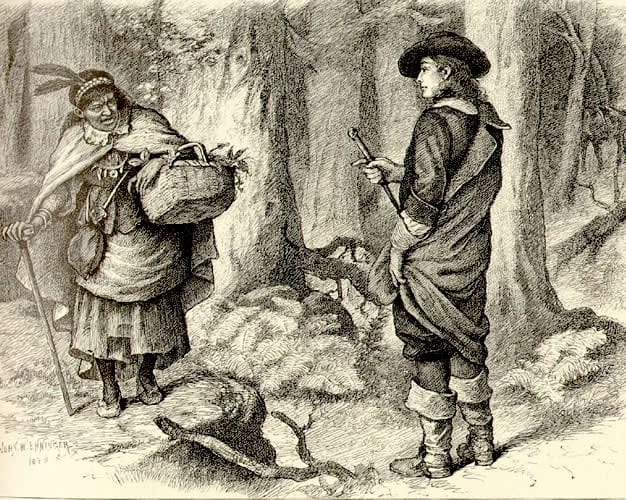 Tituba (left), as depicted in Longfellow's 1868 book.